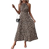 Floerns Women's Cheetah Print Halter Dress Sleeveless Leopard Pleated A Line Maxi Dresses