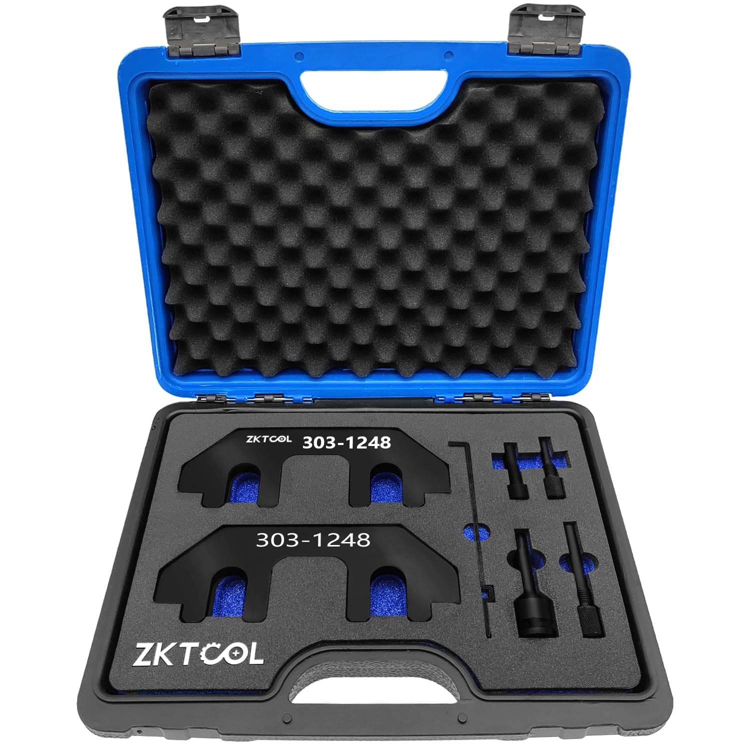 Photo 1 of ZKTOOL 303-1248 7PC Camshaft Holding timingTool Kit for Ford 3.5L & 3.7L 4V Engine,with Chain Tensioner Holder Tool and 3 Pin for Blocking The crankshaft,Sponge Box.