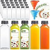24 PACK, 12 OZ Reusable Plastic Juice Bottles with Caps, Plus 24 Labels & 2 Silicone Funnels - Clear Juicing Bottles for Juice, Smoothies, Ginger, Tea, Coffee - Food Grade & Leakproof Travel Bottles