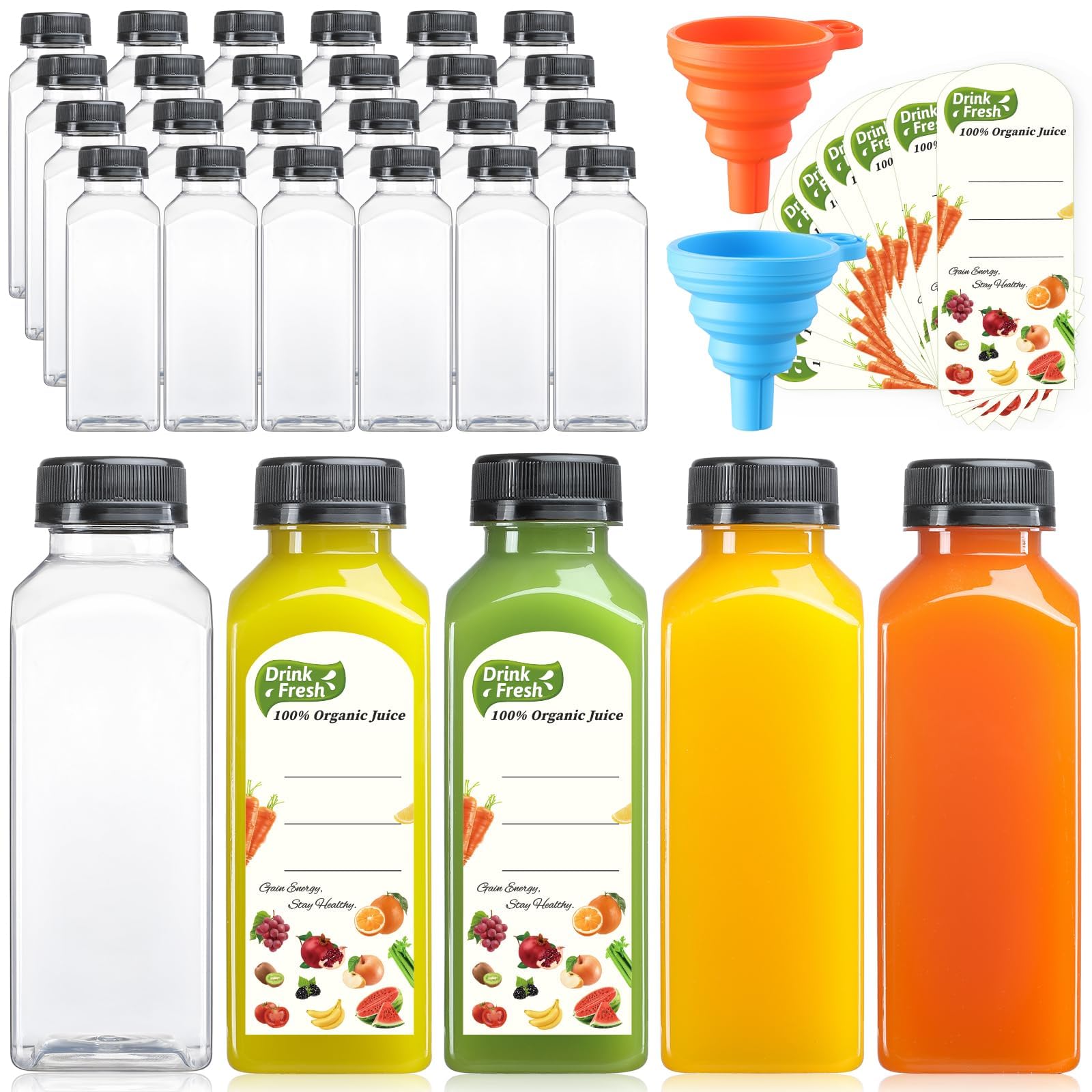 Photo 1 of 24 PACK, 12 OZ Reusable Plastic Juice Bottles with Caps, Plus 24 Labels & 2 Silicone Funnels - Clear Juicing Bottles for Juice, Smoothies, Ginger, Tea, Coffee - Food Grade & Leakproof Travel Bottles