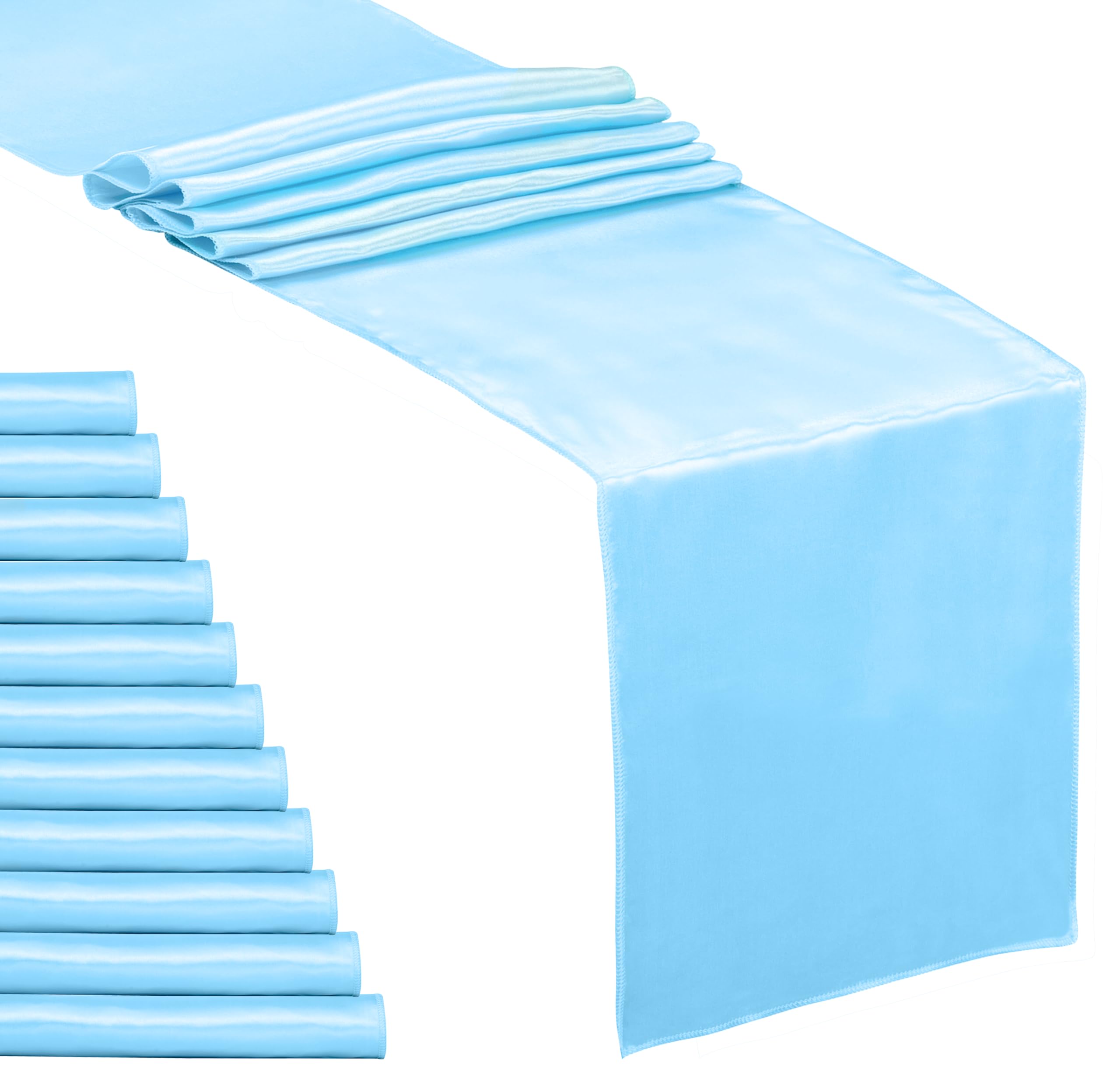 Photo 1 of 12 Pack Baby Blue Satin Table Runner 12 x 108 Inches Long | Bright, Smooth and Silky Table Decor for Birthday Party Wedding Banquet Decorations - Baby Blue