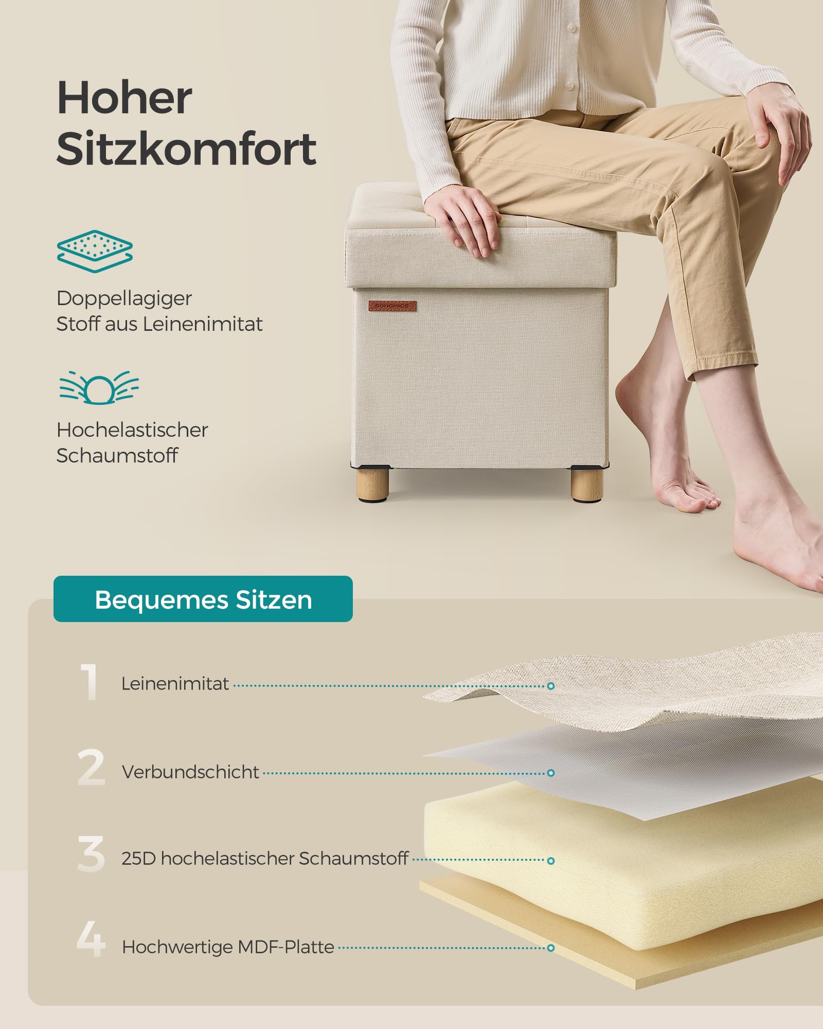 SONGMICS Sitzhocker mit Stauraum, kleine klappbare Sitzbank, 38 x 38 cm Fußbank, Aufbewahrungsbox, bis 300 kg belastbar, für Wohnzimmer Schlafzimmer Schlafsaal, cremeweiß LSF014W11 5