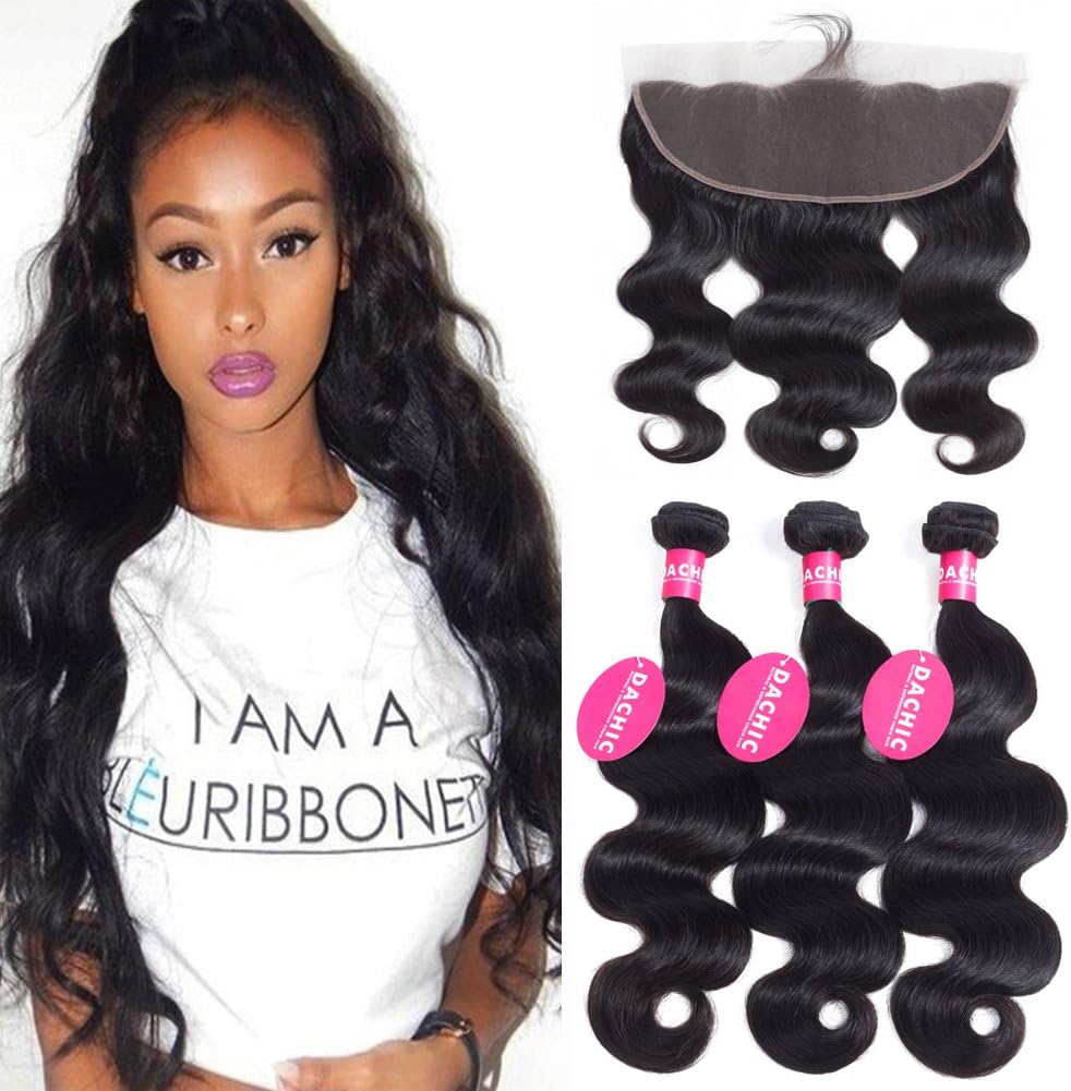 DACHIC Brazilian Body Wave 3 Bundles with Frontal Closure 13x4 Ear to Ear Lace Frontal with Bundles 8A Brazilian Virgin Human Hair Bundles with Frontal Unprocessed Human Hair Extensions (10 12 14+10)