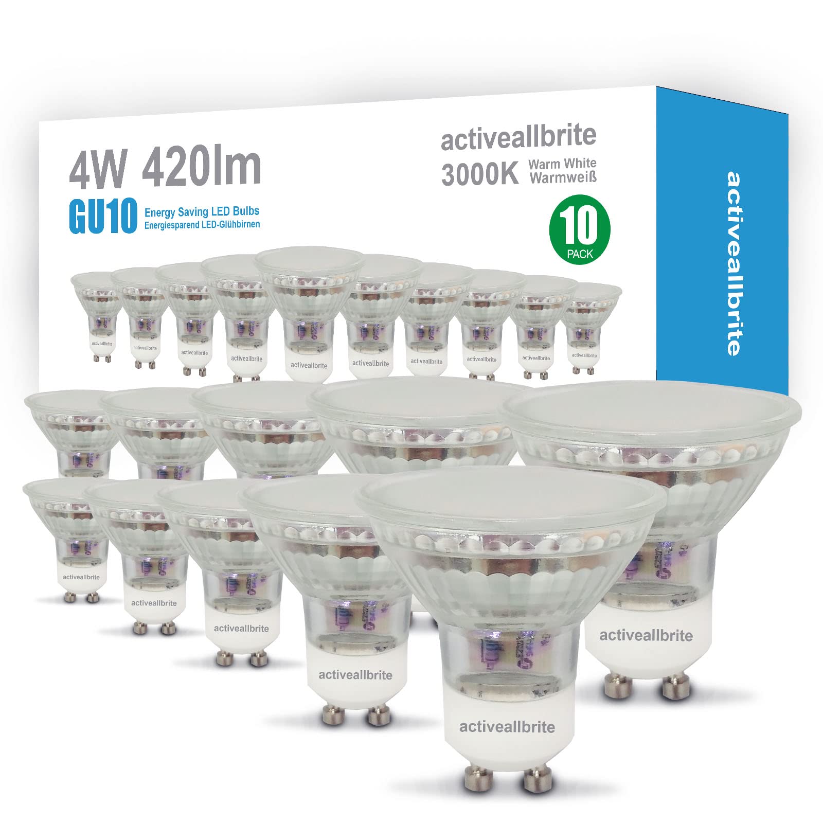 activeallbrite Gu10 LED Bulbs, 4W LED sportlight 420 Lumen Replaces 50W Equivalent, 3000K Warm White, 180° Wide Angle, Non-dimmable, Pack of 10