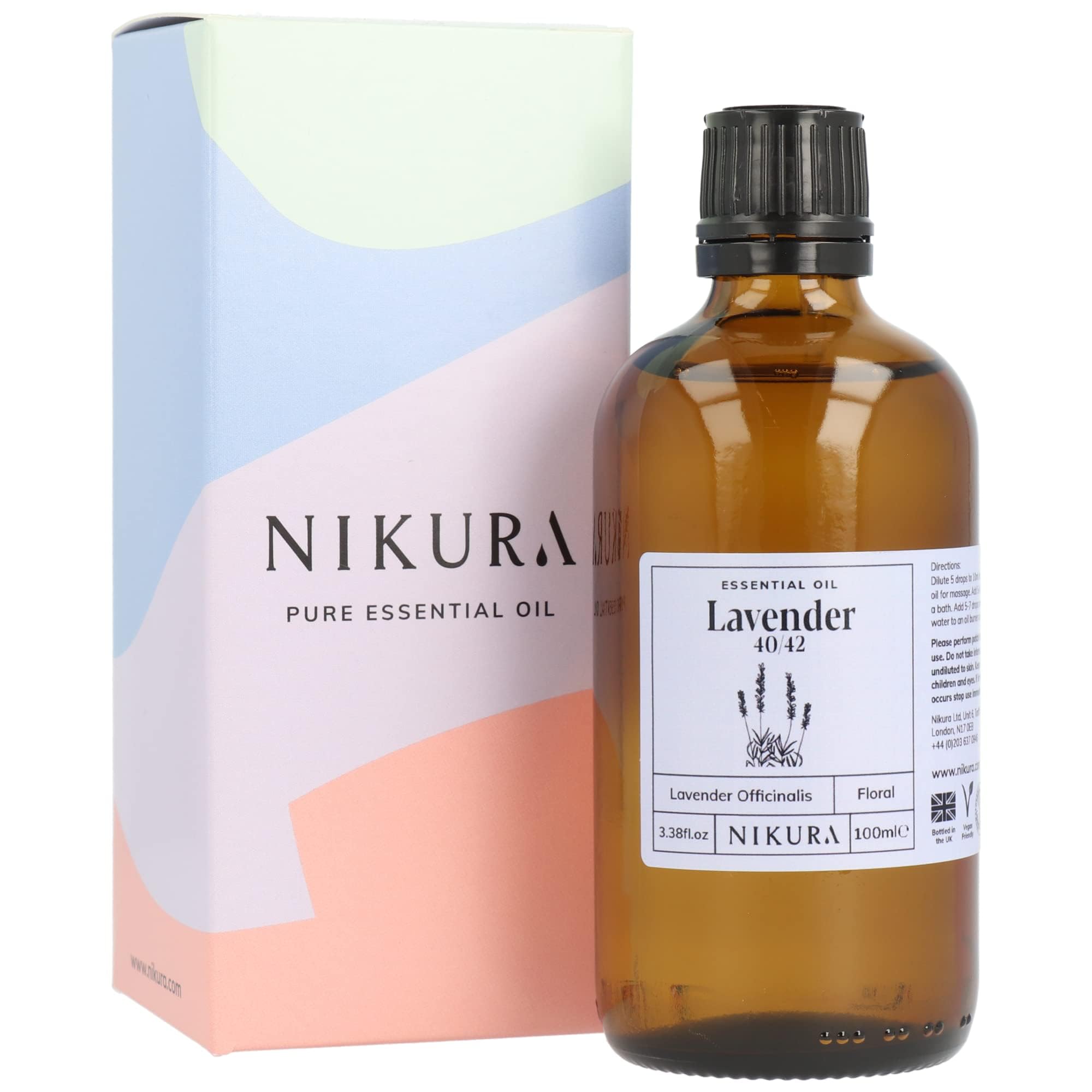 Nikura Lavender 40/42 Essential Oil - 100ml | 100% Pure Natural Oils | Perfect for Aromatherapy, Diffusers, Soap Making, Candle Making | Great for Sleep, Skin, Hair Care | Vegan & UK Made