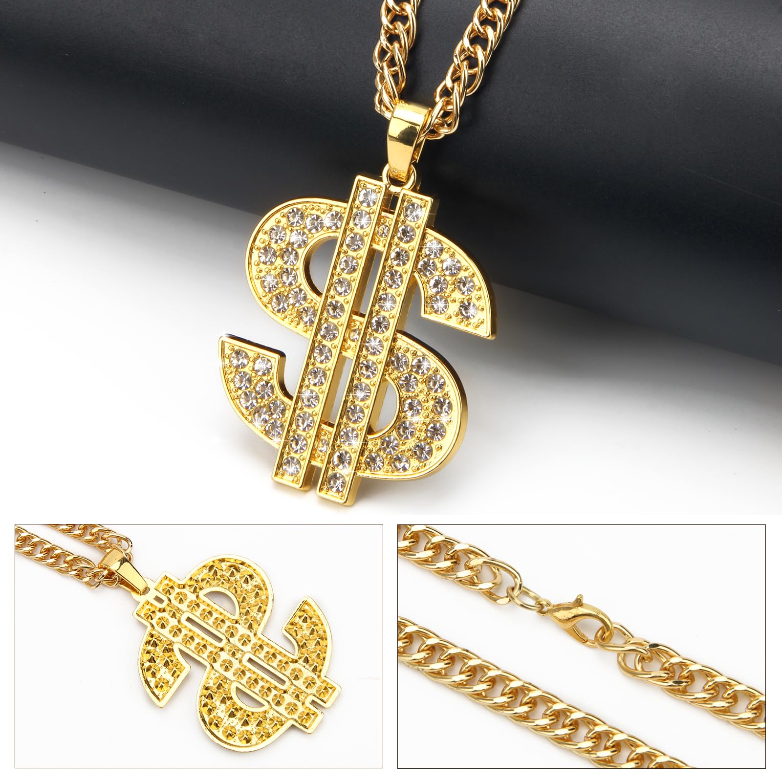 AHIER Gold Necklace Chain with Dollar Sign, 18K Gold Plated Hip Hop Chain Necklace Pendant for Men, 30inch (Rotatable,Lion Head)