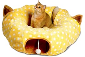 AUOON Cat Tunnel Bed with Central Mat,Big Tube Playground Toys,Soft Plush Material,Full Moon Shape for Kitten,Cat,Puppy,Rabbit,Ferret,Yellow