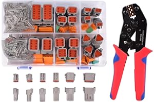 Amliber 174Pcs 12 Kits DT Connector Kit With Ratcheting Wire Crimper for Deutsch Connector, 2 3 4 6 8 12 Pin Connectors Automotive Electrical Connectors With Size 16 Stamped Contacts IP68 Waterproof