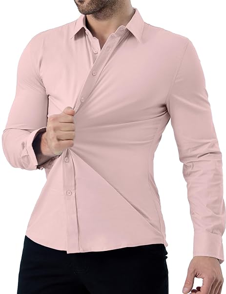 ZAFUL MENS DRESS SHIRTS SLIM FIT BUTTON DOWN LONG SLEEVE STRETCH COLLARED SHIRT COTTON WRINKLE FREE BUTTON UP MENS TOPS PINK 3X-LARGE
