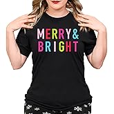 Merry & Bright Shirt, Vintage for Women, Retro Shirt, Trees T-Shirt, Woman's Clothing, Cute Christmas t-Shirt, Holiday Tee Black