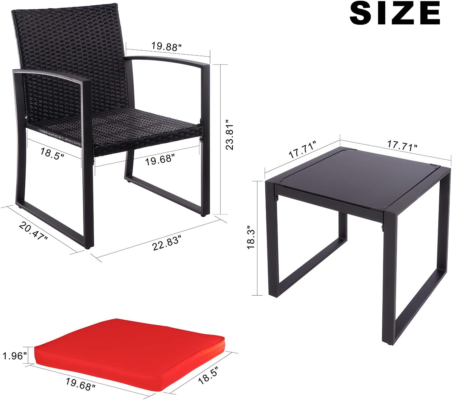 SUNLEI Outdoor 3-Piece Bistro Set Black Wicker Furniture-Two Chairs with Glass Coffee Table (Beige Cushion): Garden & Outdoor