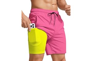 Yufawow Men Swim Trunks with Compression 7 Inches Breathable Liner Quick Dry Zipper Pockets for Board Beach Gym Running