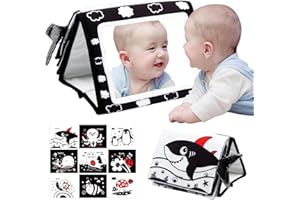 Susimond Tummy Time Floor Mirror, High Contrast Black and White Baby Mirror Toys with Crinkle Cloth Books, Non-Toxic Activity