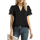 Lotusmile Womens Dressy Chiffon Blouses Summer Puff Petal Short Sleeve Shirts V Neck Casual Work Tops