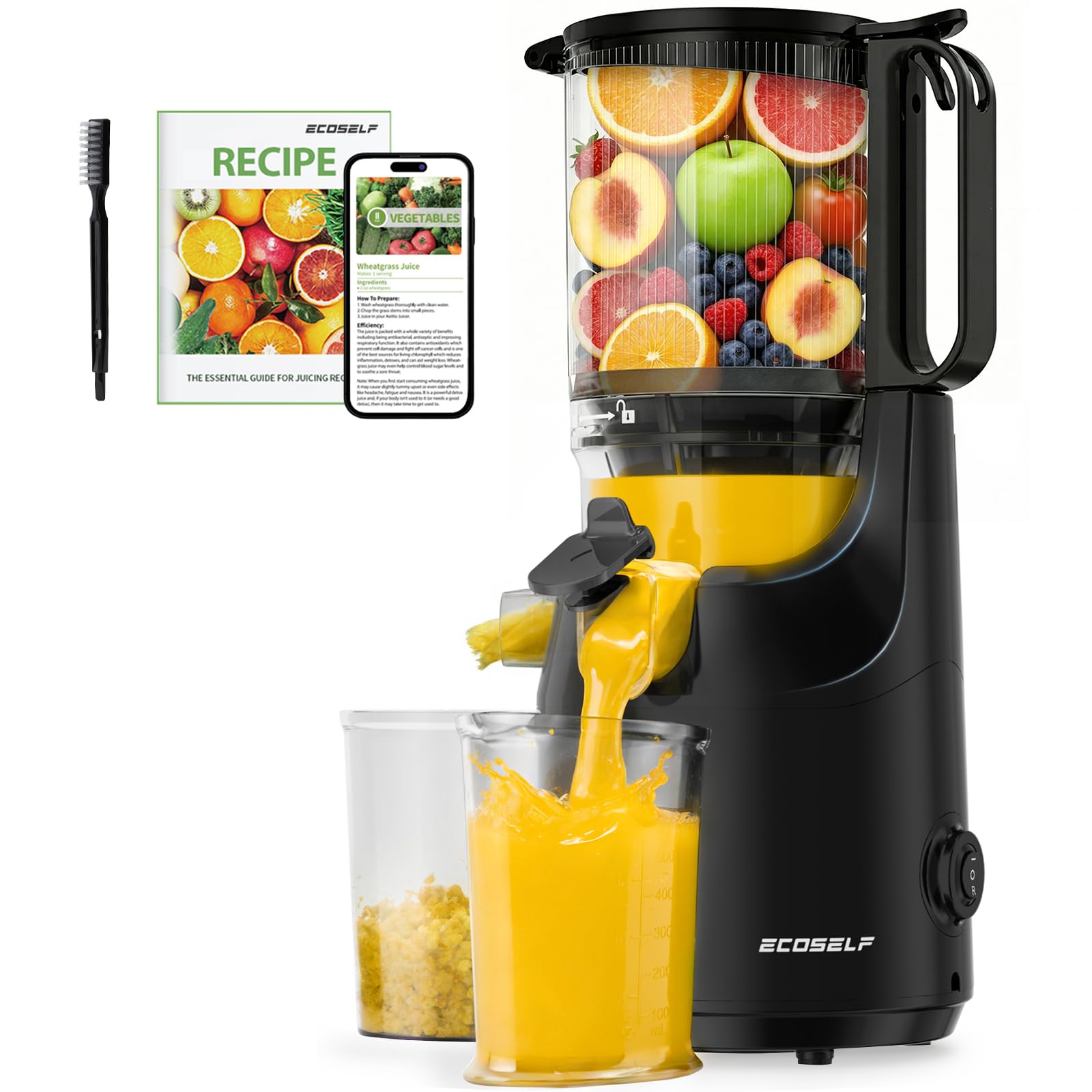 Photo 1 of ECOSELF Cold Press Juicer - 5.3" Large Mouth Feed Chute with Self Feeding & Hands-Free Design - Juicer Machines for Fruit & Leafy Greens - Juice Extractor Machine Easy to Clean & Assemble - With Brush
