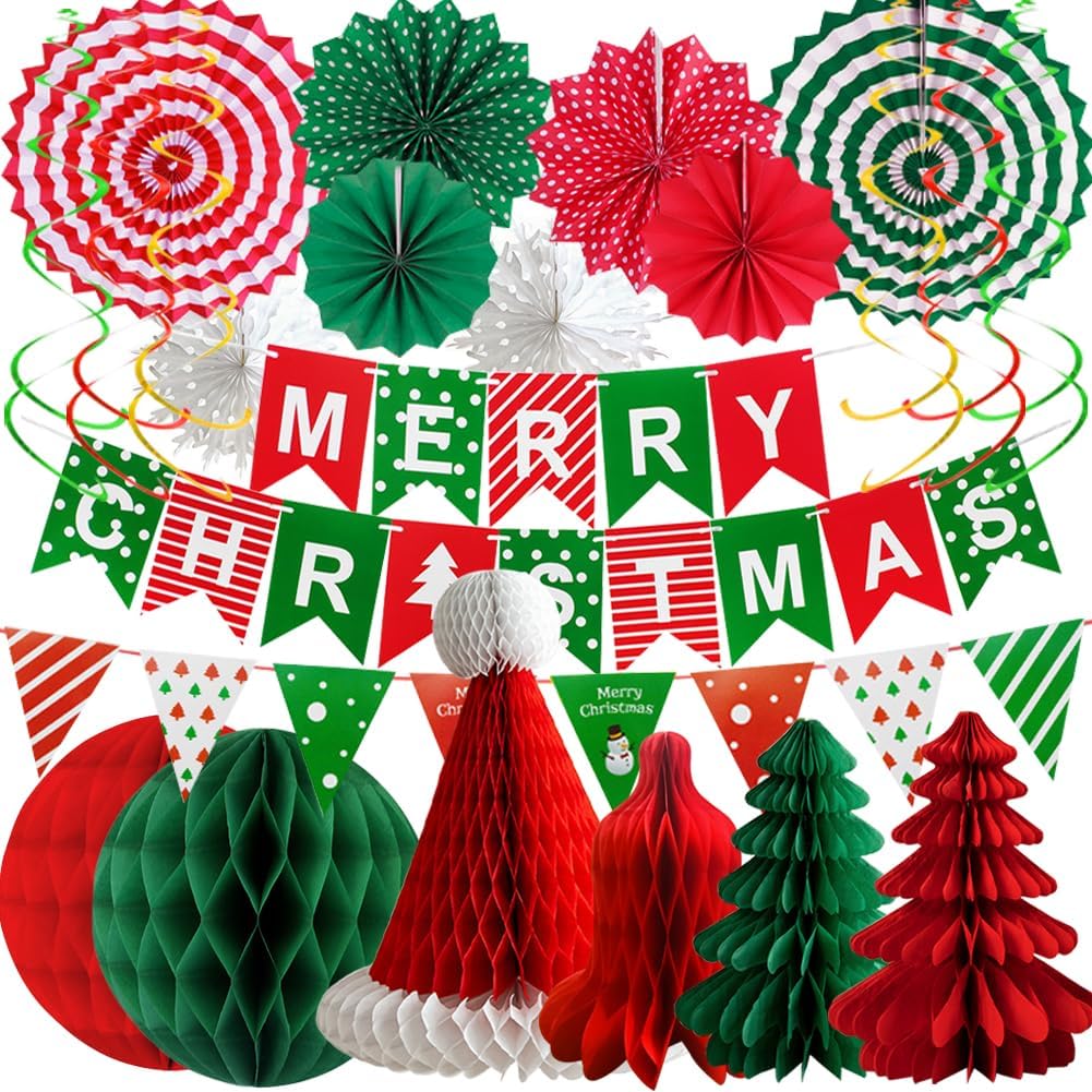 Fabuloustrim Merry Christmas Decorations Banners, 22 Piece Paper Hanging Ceiling Christmas Decorations for Indoor Party, Christmas Bunting Honeycomb for Xmas Party Decorations