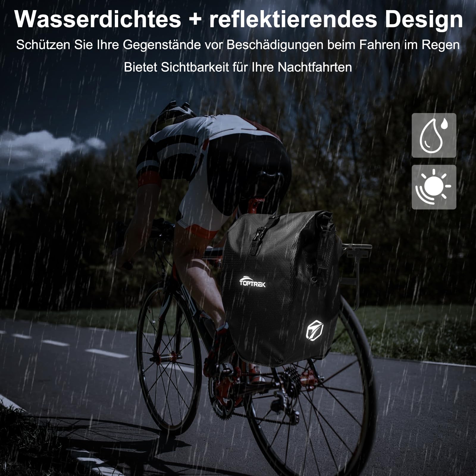 toptrek Fahrradtaschen für Gepäckträger, 23-28L Fahrradtasche Gepäckträger Wasserdicht, Gepäckträgertasche mit Reflektoren, Fahradtaschen Hinten Gepäckträger mit Tragegriff und Schultergurt 6