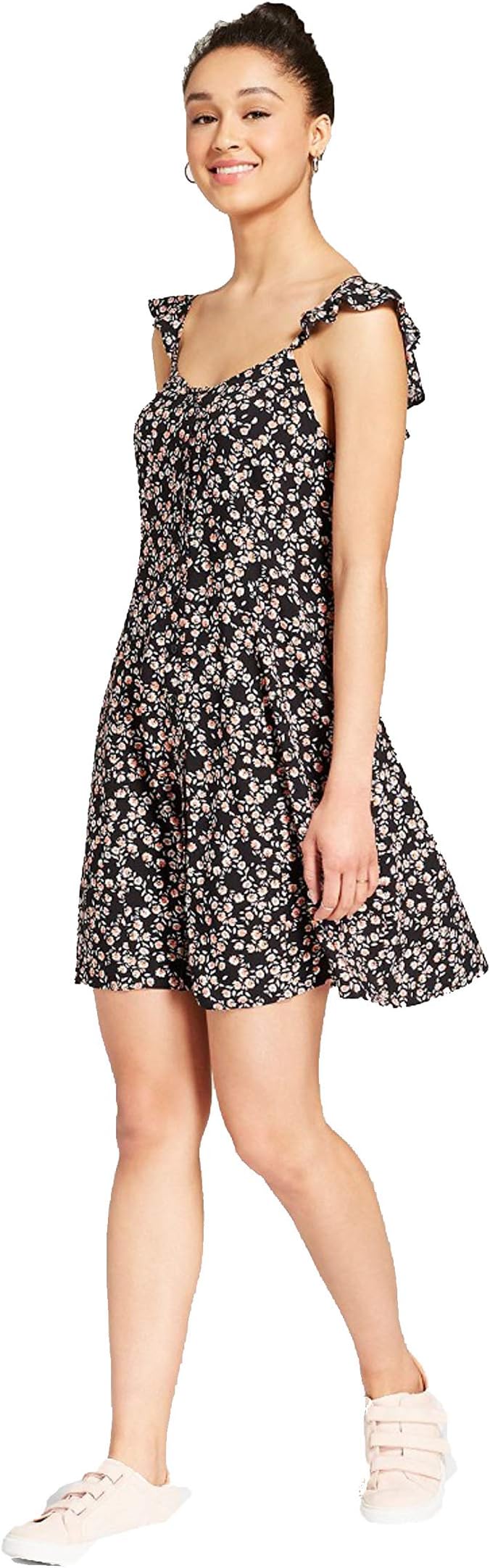 Mossimo Suply Co. Women's Floral Button Front Ruffle Sleeve Dress-Charcoal- Large
