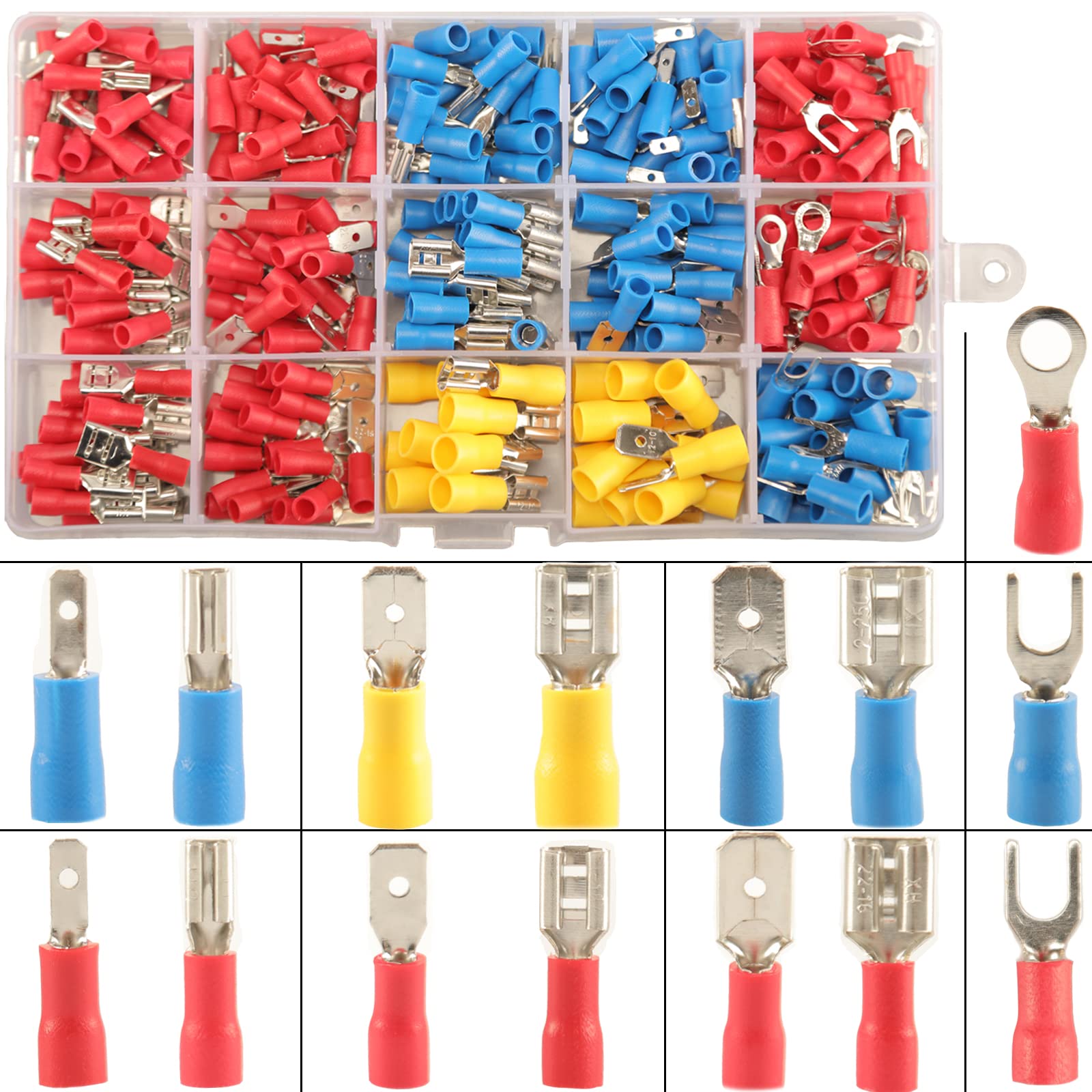 Crimp Spade Connectors 280pcs, 15 Types Electrical Terminals,Insulated Terminals Electrical Wire Cable Connectors Male and Female, Crimp Assortment Assorted Ring Fork Spade
