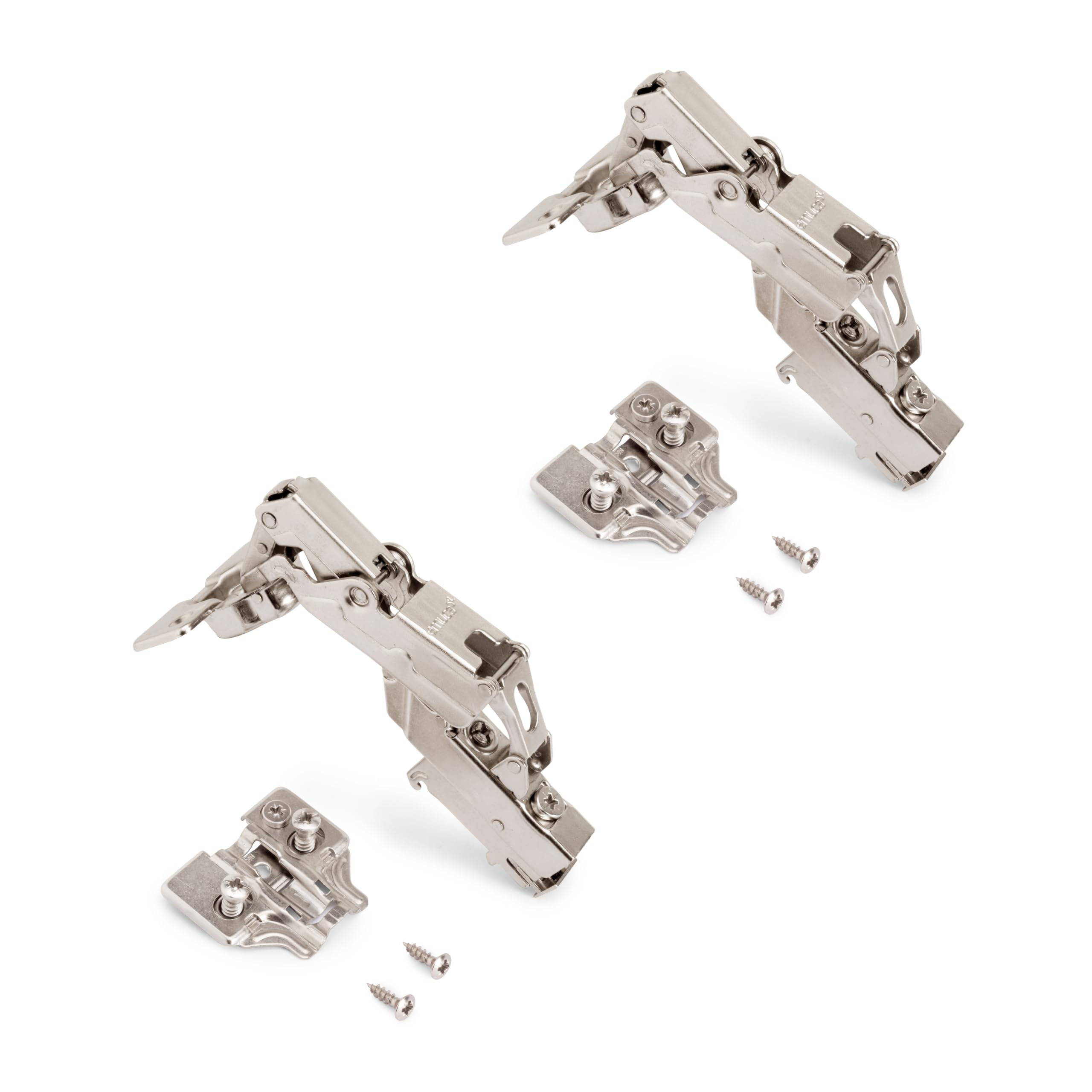 Emuca - Pack of 2 X91 Inset Hinges 165 Degree Opening with Soft Closing and Euro Screw-in Plates, Height 0, Steel, Nickel Plated
