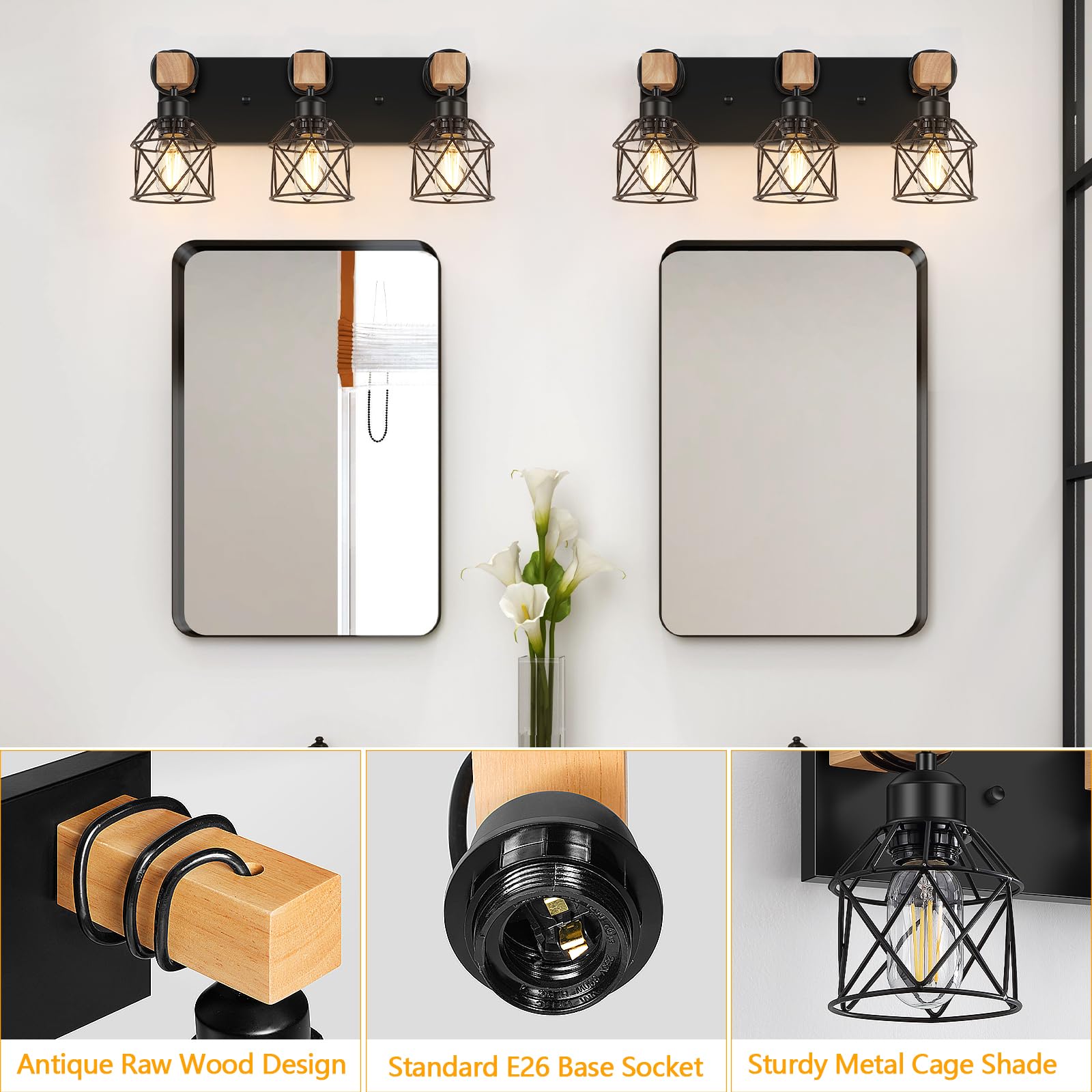 FadimiKoo 3-Light Farmhouse Vanity Light for Bathroom, Wood Bathroom Light Fixtures Over Mirror, Industrial Black Vanity Light with Metal Lampshade for Bedroom Hallway Living Room