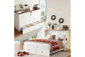 Mjkone 57" W Full Size Murphy Cabinet Bed with Tri-fold Mattress, Full Murphy Bed with Storage Drawer & USB Charging Station,