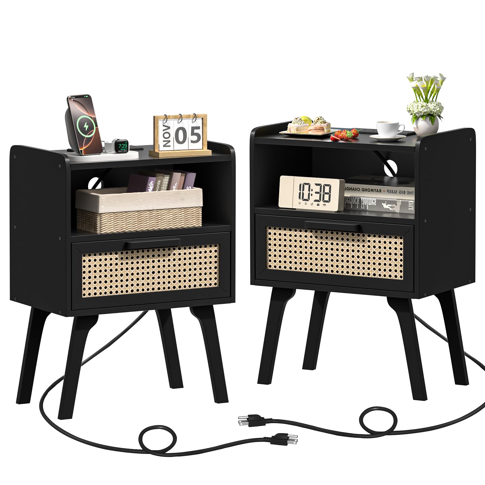 Lerliuo Rattan Nightstands Set of 2 with Charging