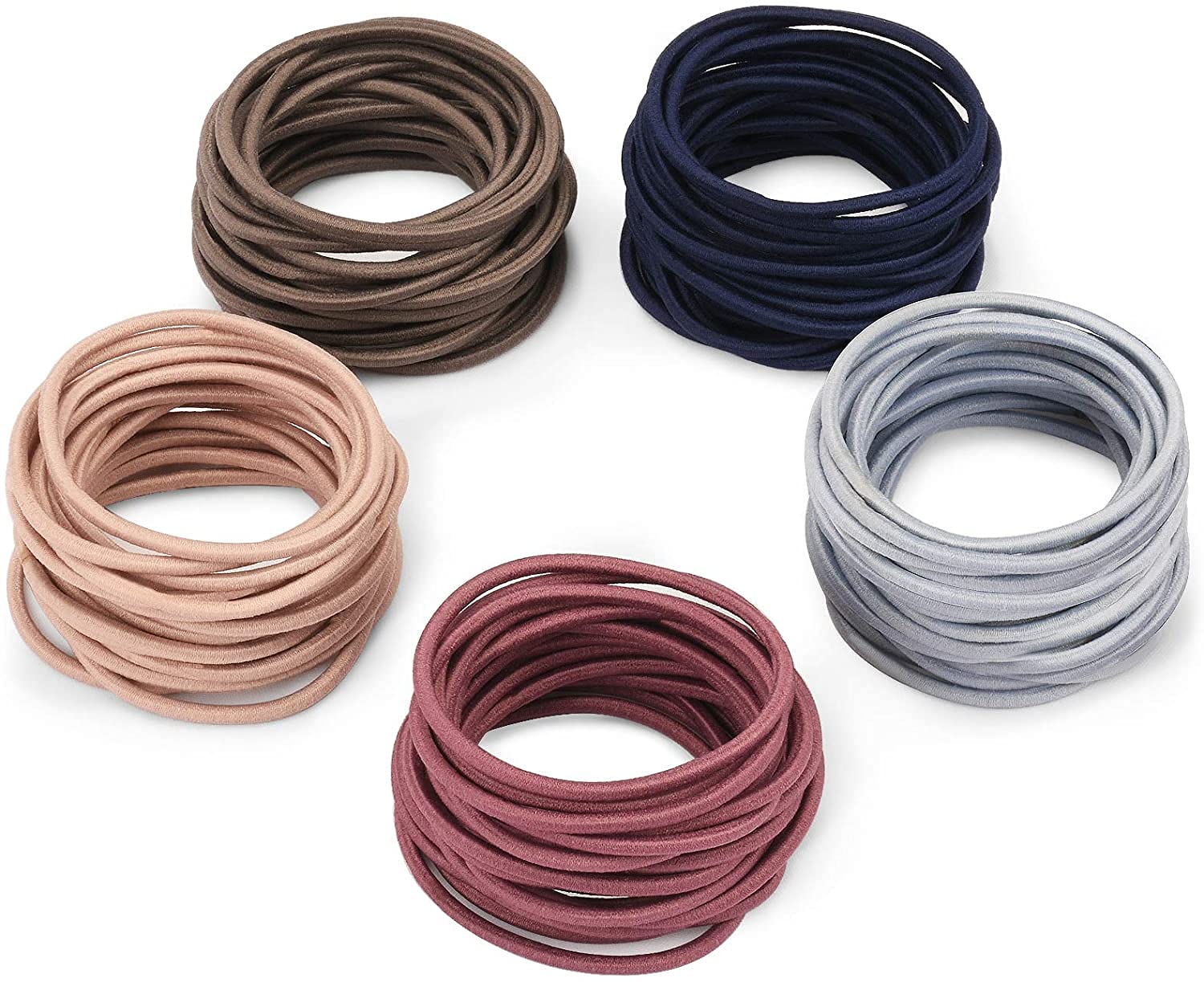 Noosverl 100 PCS Elastic Hair Bands, 3mm Elastic Hair Ties Ponytail Holders, Bulk Hair Ties No Metal Gentle Elastics for Women Men Girls Kids with 5 Colors