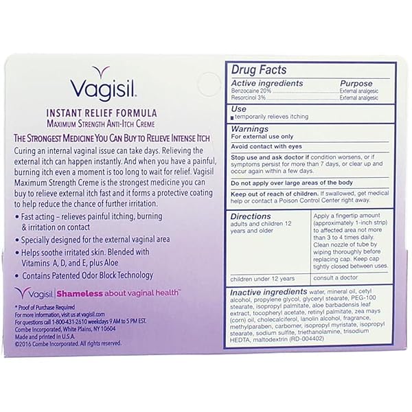 VAGISIL MAXIMUM STRENGTH FEMININE ANTI-ITCH CREAM WITH BENZOCAINE FOR WOMEN, HELPS RELIEVE YEAST INFECTION IRRITATION, GYNECOLOGIST TESTED, FAST-ACTING, SOOTHES AND COOLS SKIN, 1 OZ