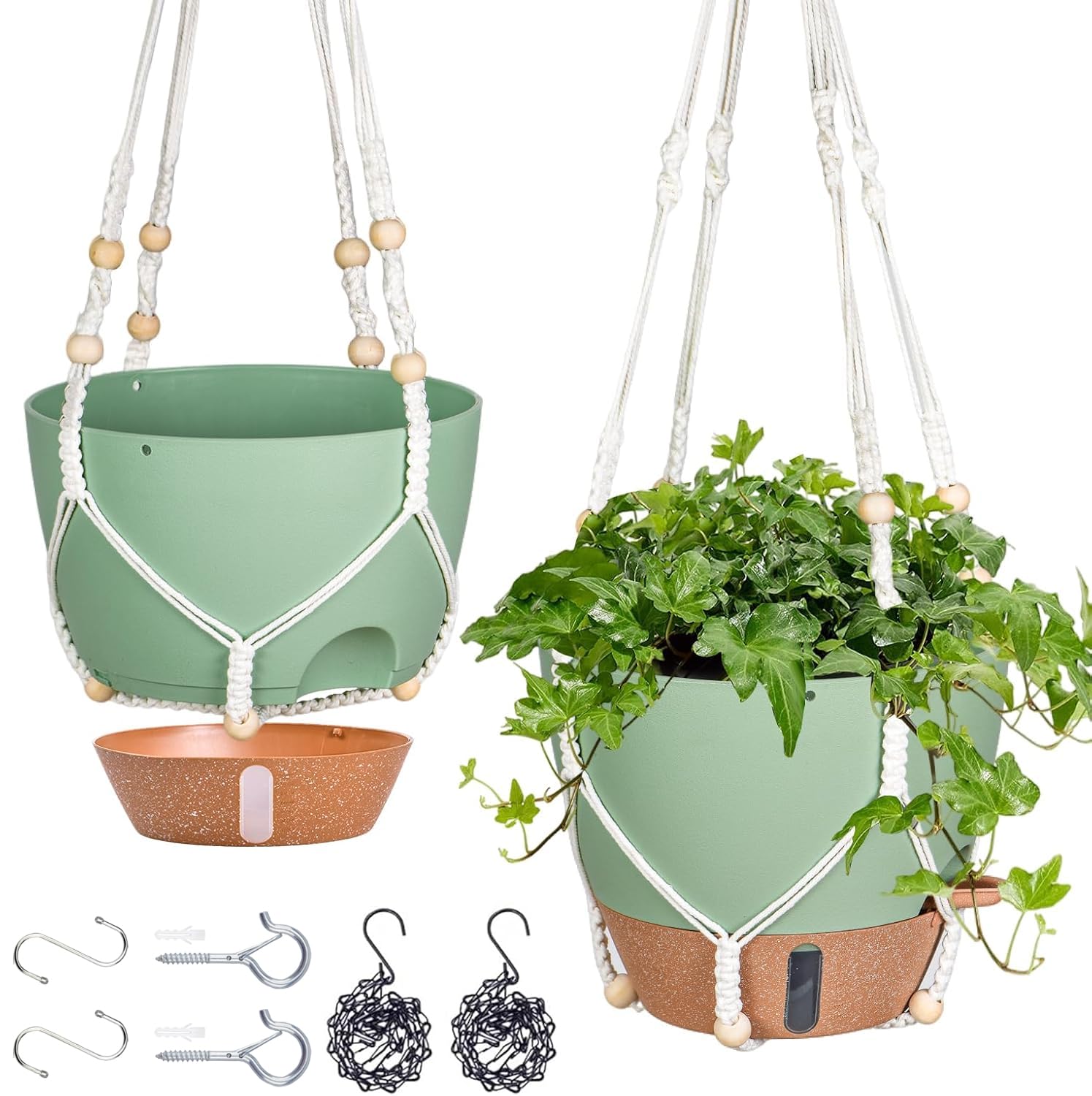 Photo 1 of 10 Inch Hanging Planters for Indoor Plants, 2 Pack Self Watering Hanging Baskets Flower Pots with Drainage Hole, Visual Reservoir & 2 Kinds of Plant Hanger for Outdoor Garden Home Decor