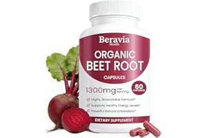 Beravia Health Organic Beet Root Capsules, Beetroot Capsules 1300mg | Support Healthy Circulation & Vitality, Natural, Vegan & Non-GMO, Beet Root Supplement for Women & Men - 60 Capsules (1 Bottle)