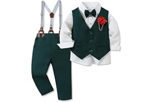 WESIDOM Toddler Boy Clothes Suit Formal Dress Shirt+Bowtie+Vest+Boutonniere+Suspender Pants Boys Gentleman Outfits Set