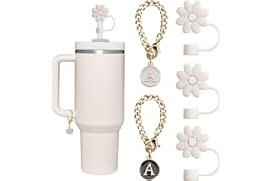 YOSHUYUKI 3+2PCS Silicone Straw Cover Cap for Stanley Cup 30 40 oz Tumbler with Handle Flower Straw Toppers Personalized Name Plate Letter Charms Simple Modern Stanley Quencher H2.0 Cup Accessories Cream