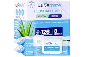Wipemate ULTRA Flushable Butt Wipes, Soothing Vitamin E & Aloe, 99% Water, Aloe Vera Premium Super Soft Hygiene Wipes, Septic & Sewer Safe, 3 Premium Flip-Top Packs, (126) Count