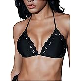 WDIRARA Women's Grommet Eyelet Halter Triangle String Bikini Tops Punk Tie Backless Swim Tops