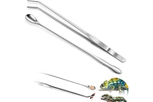 Quelong 2pcs Reptile Feeding Tongs, Feeding Spoon, Stainless Steel Aquarium Feeding Tools, Curved Long Tweezers 10.6 in, Long Spoon 10 in (Coffee Spoon) for Feeding Lizards, Bearded Dragons and More.