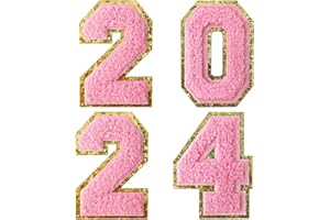 GUYI GYGYL 4PCS 2024 Chenille Glitters Numbers Patch, Iron on Large Size Number Patches for Christmas New Year Decor Supplies, Height 4-1/2" (2024 Pink)