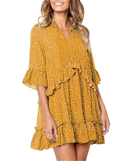 Yidarton Damen Kleider V-Ausschnitt Rüschen Punkte Sommerkleider Mini Strandkleider Casual Lose Kleid