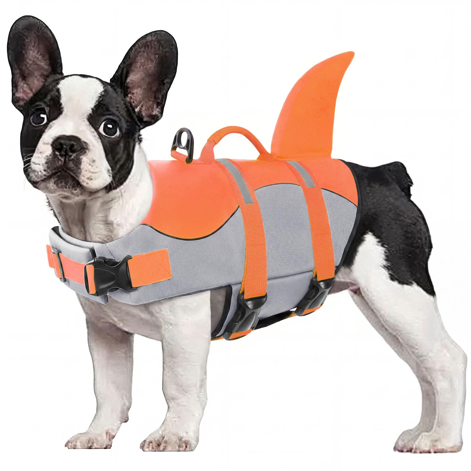 CITÉTOILE Dog Life Jacket Shark Costume, Puppy Safety Vest for Swimming Pool Beach Boating, Training Flotation Vest with Rescue Handle & Reflective Strips for Dogs, Orange, M
