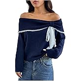 Verdusa Women's Lace Bow Off The Shoulder Sweater Coquette Foldover Knit Tops Trendy Fall Pullovers