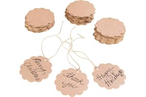 Super Z Outlet Brown Craft Scalloped Paper Label Tags with Jute Twines String for Birthday Party, Wedding Decoration Gifts, Organizing, Arts & Crafts (100 Pack)