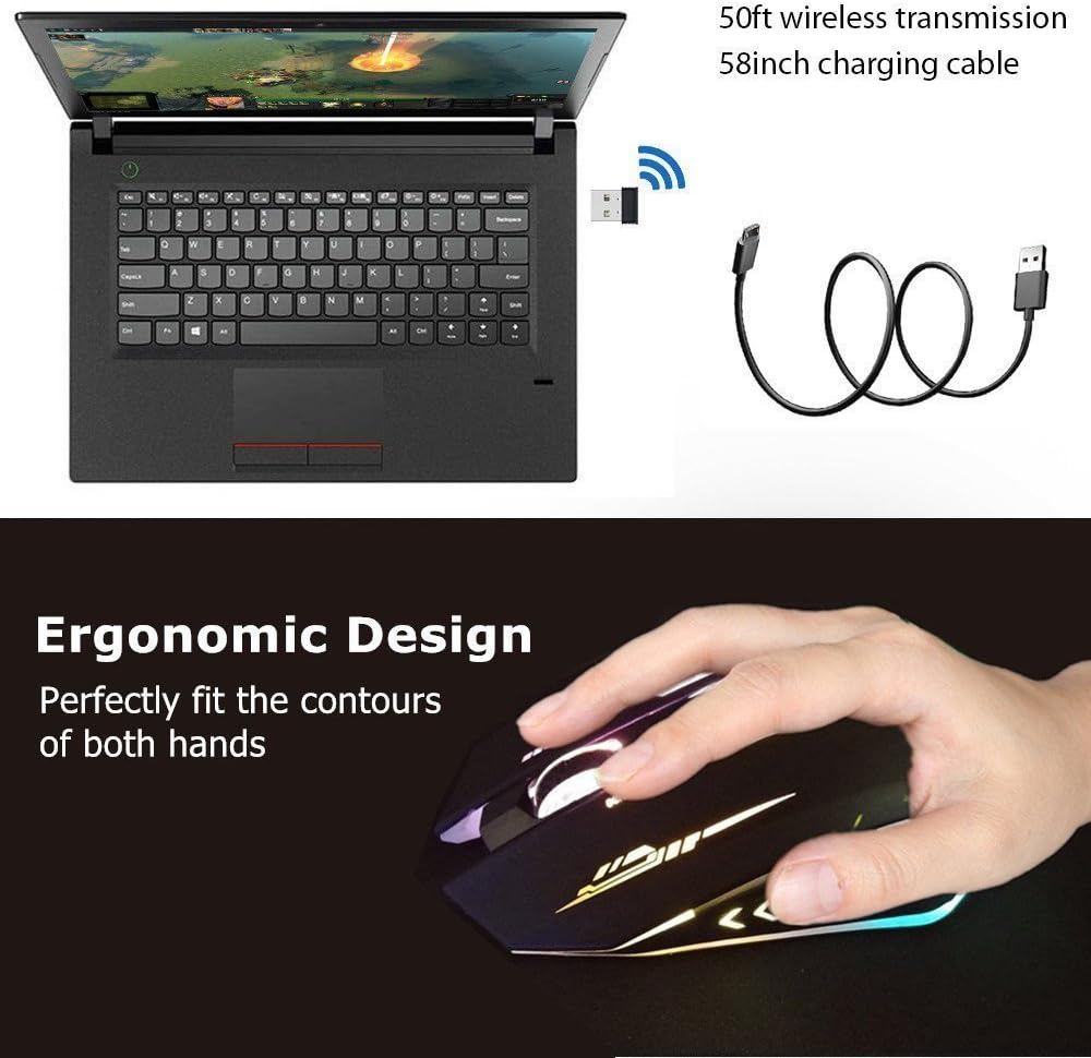 UHURU Wireless Gaming Mouse Rechargeable, Up to 4800DPI, 6 Programmable Button, 7 Color Changeable, 2.4G RGB USB Wireless Gaming Mouse for Computer, Laptop, Mac, PC: Computers & Accessories