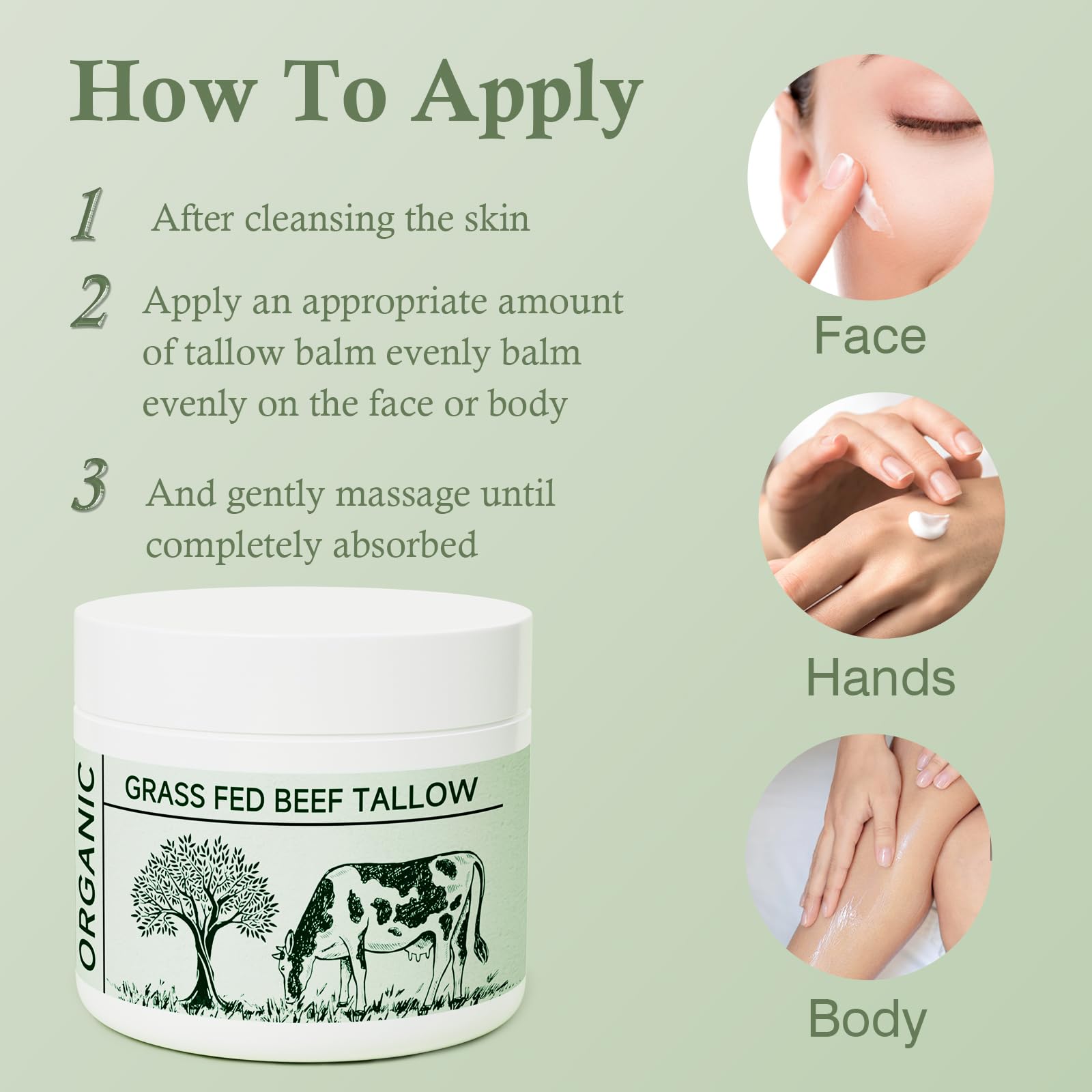 Beef Tallow, Tallow Face Moisturizer, Beef Tallow for Skin, Unscented 100% Organic Beef Tallow Blam Grass Fed Finished Whipped Tallow Face Cream Moisturizer Body Lotion Skin Care for Sensitive Skin