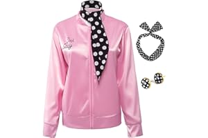FORTMAC 50s Costumes for Women,1950s Pink Satin Jacket Halloween Costume with Polka Dot Scarf Headband and Earrings