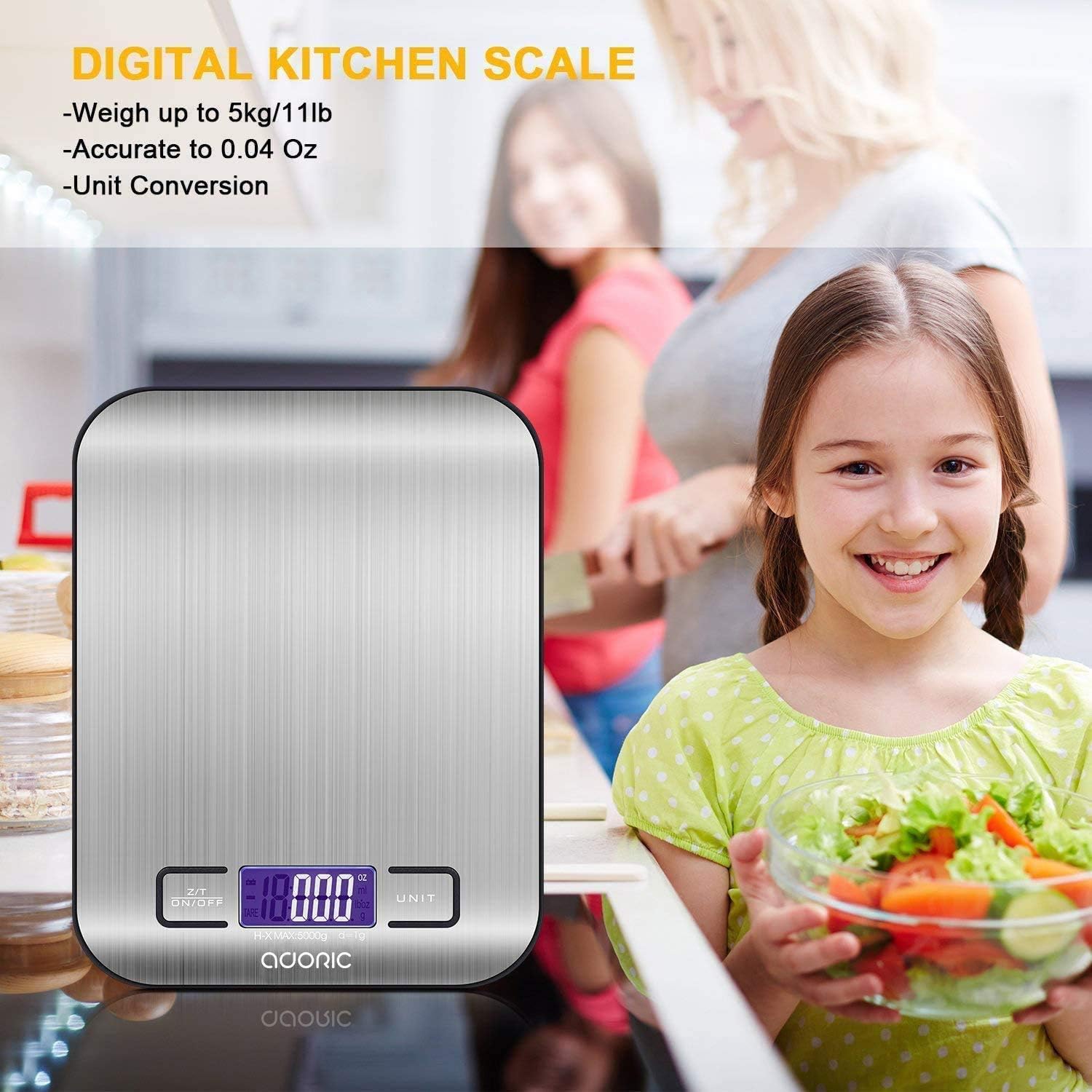 Digital Kitchen Scale Food Scale, 11 lb/5 kg Stainless Steel LCD Display Tare Function Automatic Shutdown Batteries Included, Silver: Kitchen & Dining