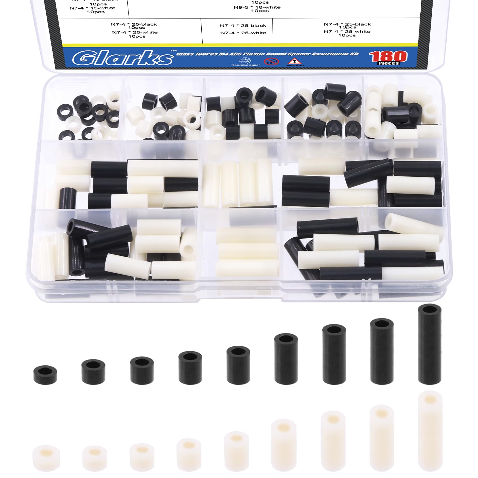 Glarks 180Pcs Nylon Round Spacer Assortment Kit for M4 Screws, Electrical Outlet Screws Spacers, Black and White ABS Round Washers Hardware Spacer Bracket for Electrical Screws Switch and Receptacle — image 1