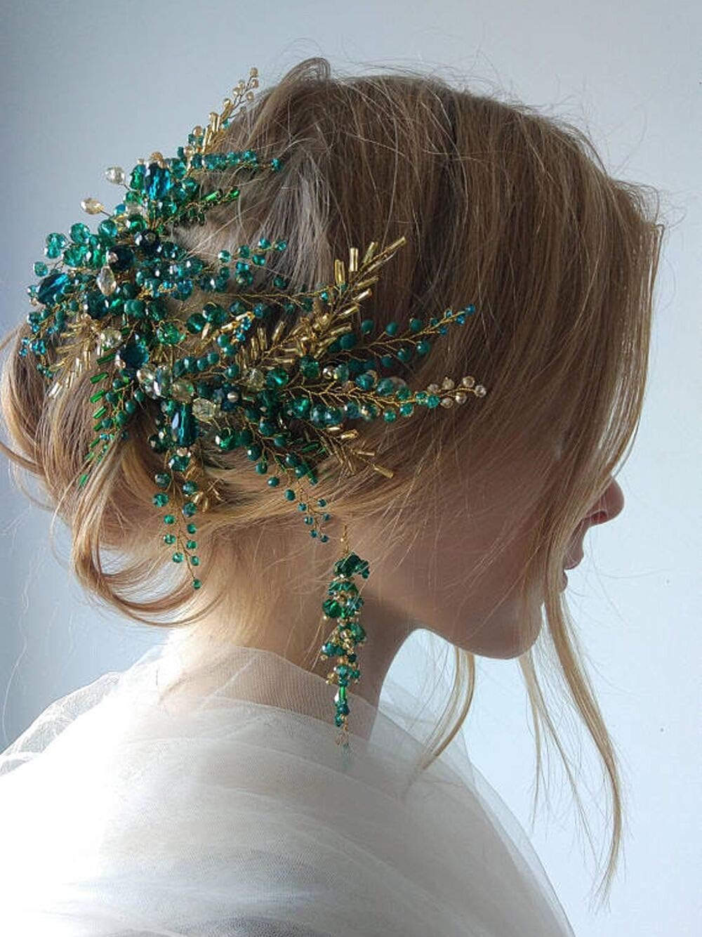 Bridal Hair Accessories Crystal Headband Earrings Sets Vintage Green Gold Hair Vine Diadem Tiara Evening Party Customised Wreath Wedding Headpiece (Headband)