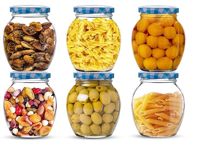 STAR WORK Matka Glass Jar for Storage of Spices and Dry Fruit, Air Tight Blue Checks Metal Lid Set