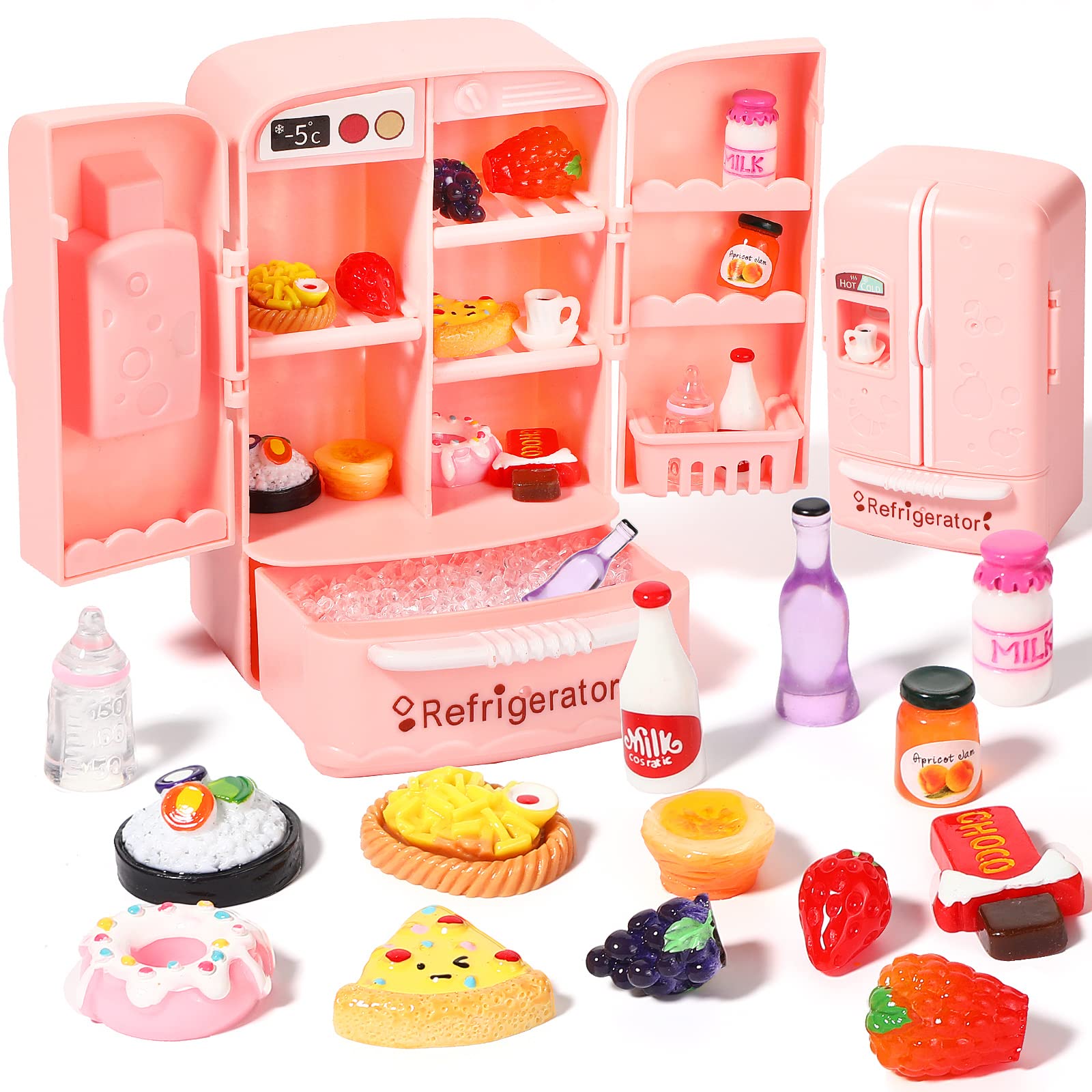 Photo 1 of 17 Pieces Dollhouse Refrigerator Mini Fridge Toy with Mini Food Set Dollhouse Kitchen Furniture Food Toys Miniatures Kitchen Decorations Bottles Fruit Dessert for Children Kids Girls (Lovely Style)