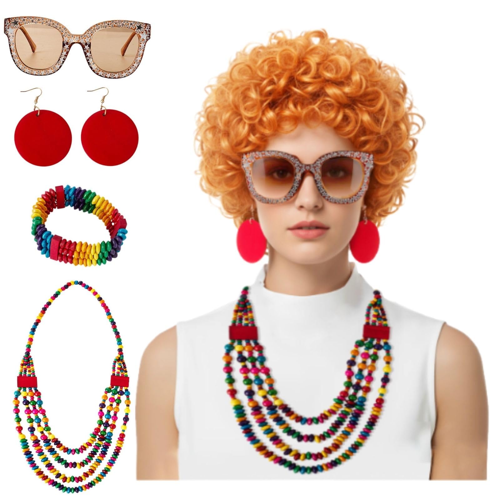 Photo 1 of Sucrain 5 PCS Landlady Costume Set Short Curly Orange Red Cosplay Wig with Sunglasses and Necklace Earrings Bracelets Jewelry Set for Women Halloween Costume